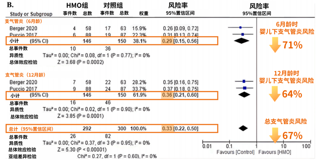 HMOs喂养宝宝支气管炎风险6/12月龄分别降71%/64%
